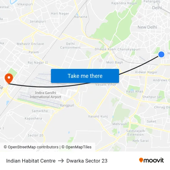 Indian Habitat Centre to Dwarka Sector 23 map