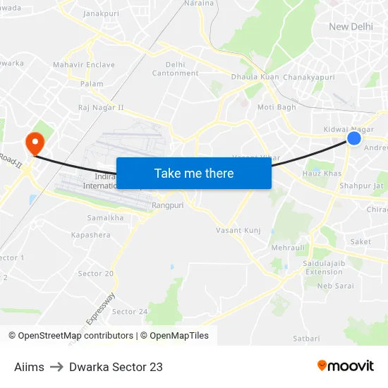 Aiims to Dwarka Sector 23 map