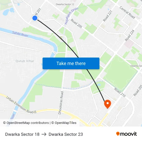 Dwarka Sector 18 to Dwarka Sector 23 map