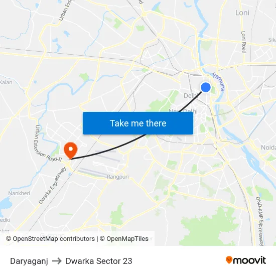 Daryaganj to Dwarka Sector 23 map