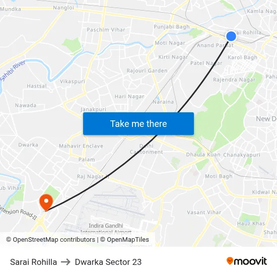 Sarai Rohilla to Dwarka Sector 23 map