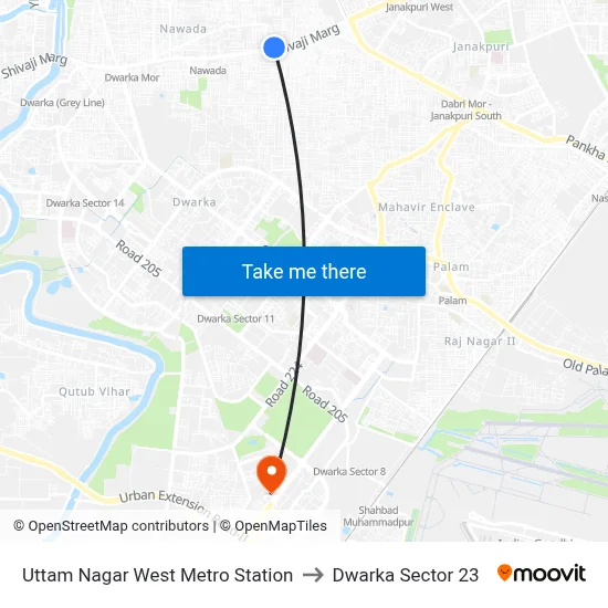 Uttam Nagar West Metro Station to Dwarka Sector 23 map