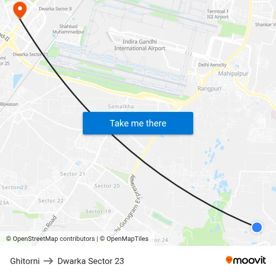 Ghitorni to Dwarka Sector 23 map