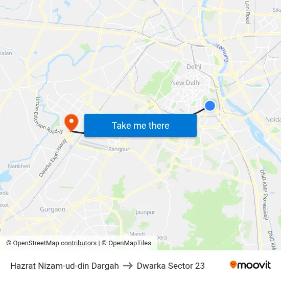 Hazrat Nizam-ud-din Dargah to Dwarka Sector 23 map