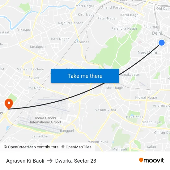 Agrasen Ki Baoli to Dwarka Sector 23 map