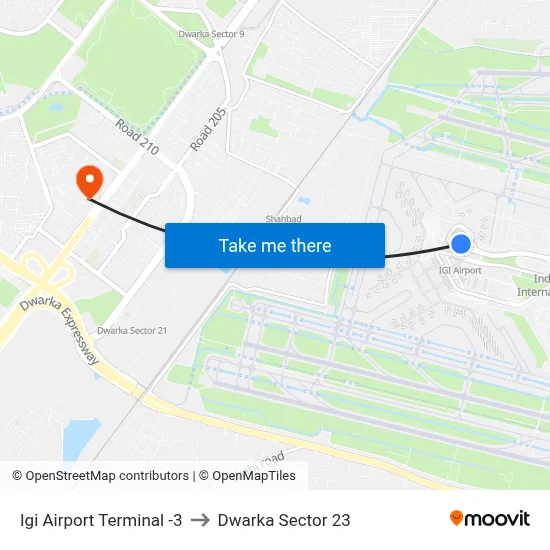 Igi Airport Terminal -3 to Dwarka Sector 23 map