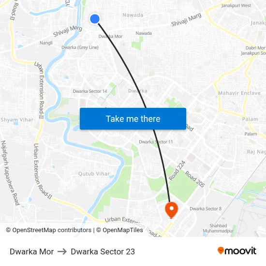Dwarka Mor to Dwarka Sector 23 map
