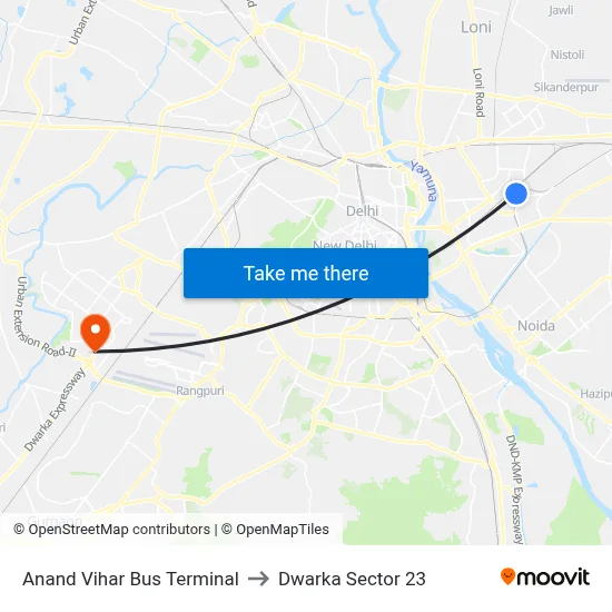 Anand Vihar Bus Terminal to Dwarka Sector 23 map