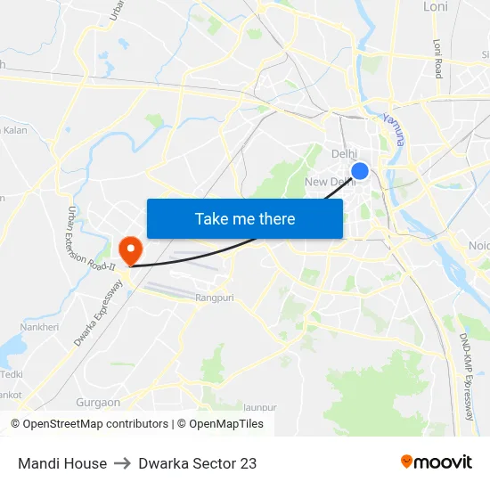 Mandi House to Dwarka Sector 23 map