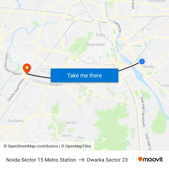 Noida Sector 15 Metro Station to Dwarka Sector 23 map