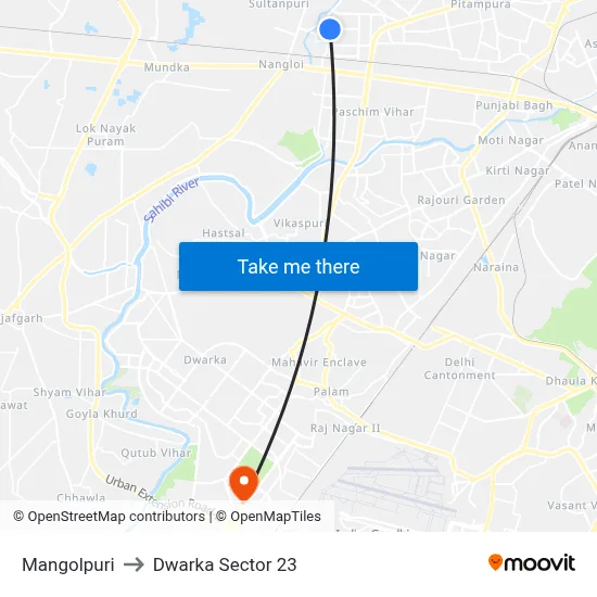 Mangolpuri to Dwarka Sector 23 map