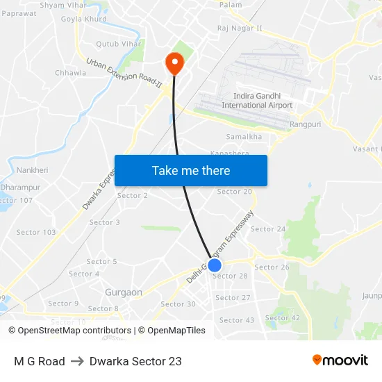 M G Road to Dwarka Sector 23 map