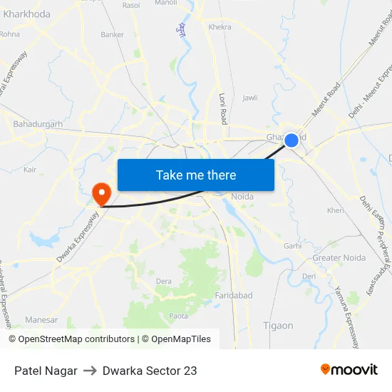 Patel Nagar to Dwarka Sector 23 map