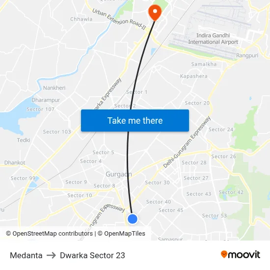Medanta to Dwarka Sector 23 map