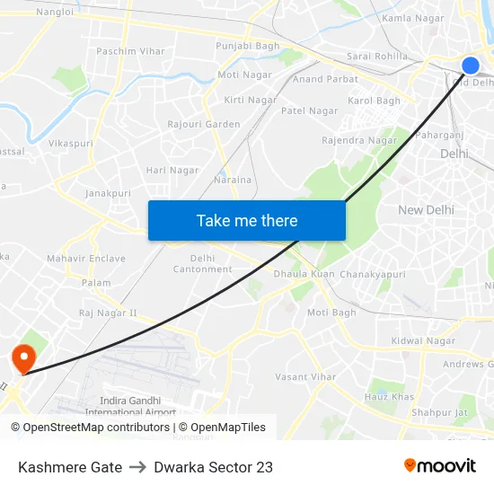 Kashmere Gate to Dwarka Sector 23 map