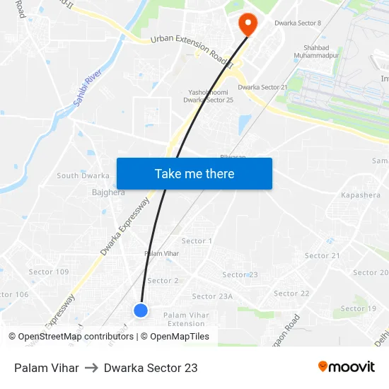 Palam Vihar to Dwarka Sector 23 map