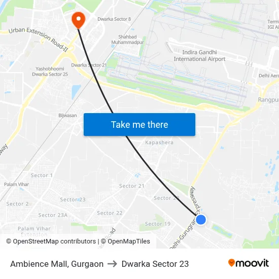 Ambience Mall, Gurgaon to Dwarka Sector 23 map
