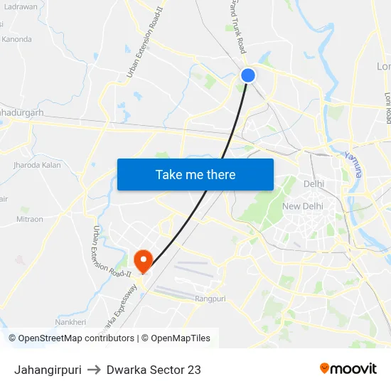 Jahangirpuri to Dwarka Sector 23 map
