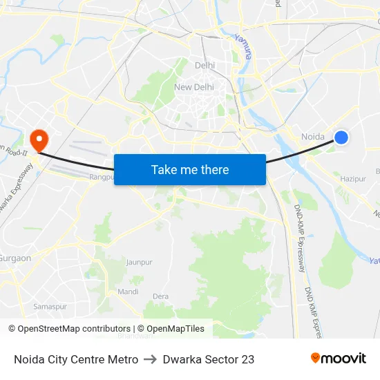 Noida City Centre Metro to Dwarka Sector 23 map