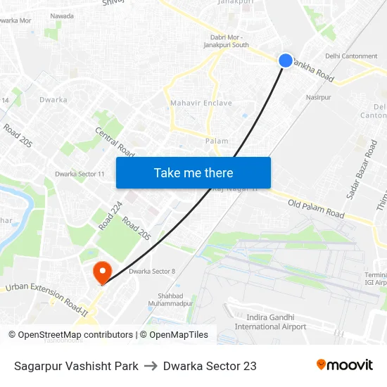 Sagarpur Vashisht Park to Dwarka Sector 23 map