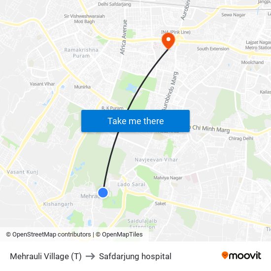 Mehrauli Village (T) to Safdarjung hospital map