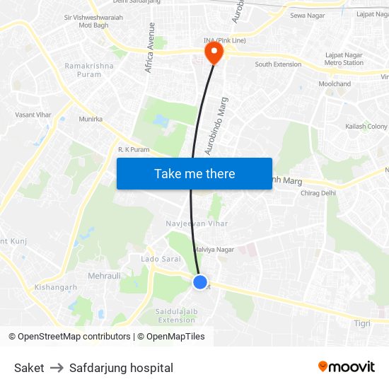 Saket to Safdarjung hospital map