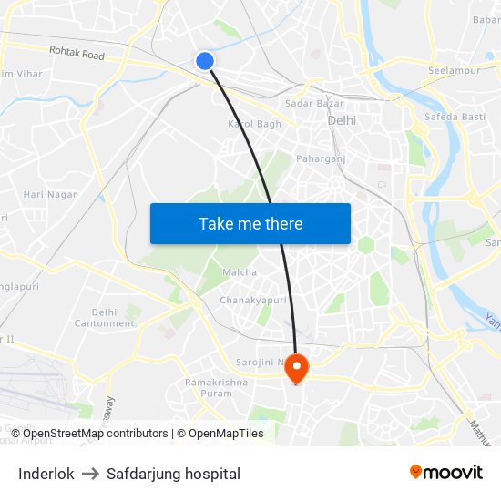 Inderlok to Safdarjung hospital map