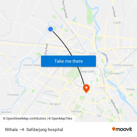 Rithala to Safdarjung hospital map