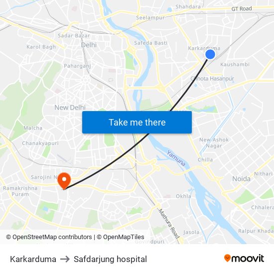 Karkarduma to Safdarjung hospital map