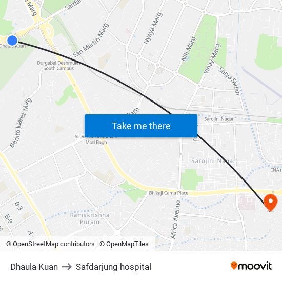 Dhaula Kuan to Safdarjung hospital map