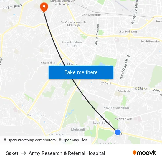 Saket to Army Research & Referral Hospital map
