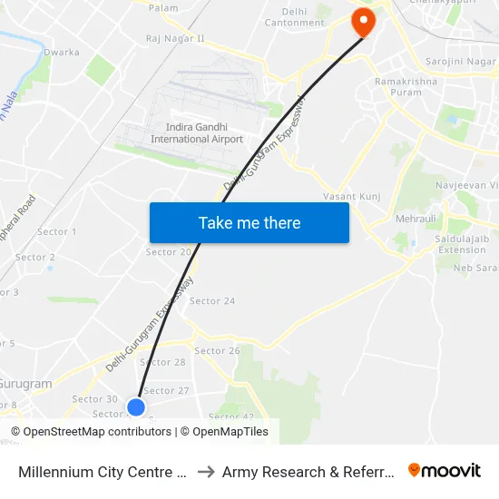 Millennium City Centre Gurugram to Army Research & Referral Hospital map