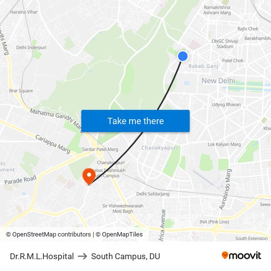 Dr.R.M.L.Hospital to South Campus, DU map