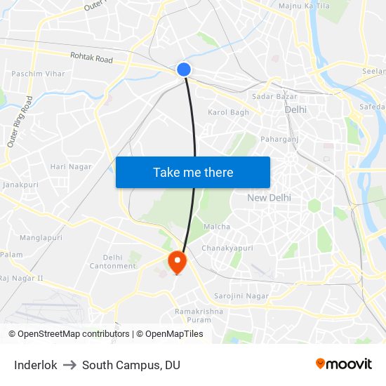 Inderlok to South Campus, DU map