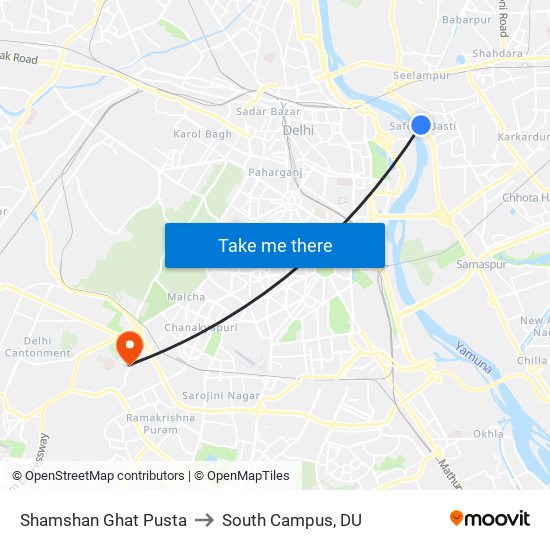 Shamshan Ghat Pusta to South Campus, DU map