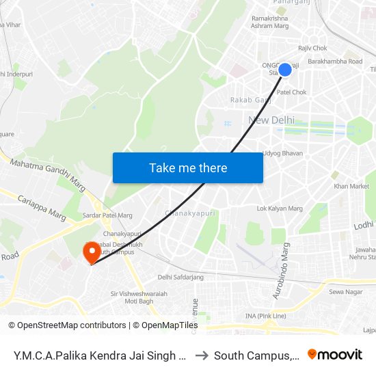 Y.M.C.A.Palika Kendra Jai Singh Marg to South Campus, DU map