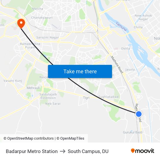 Badarpur Metro Station to South Campus, DU map