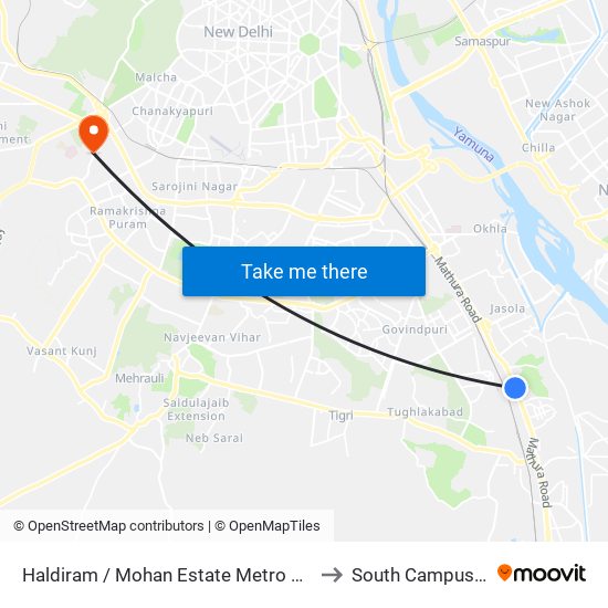 Haldiram / Mohan Estate Metro Station to South Campus, DU map