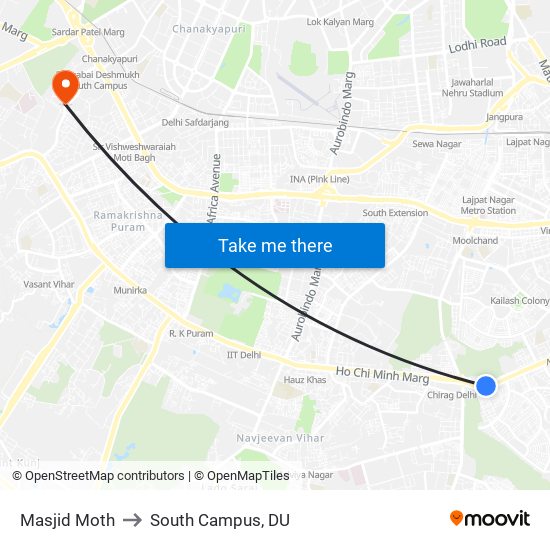 Masjid Moth to South Campus, DU map