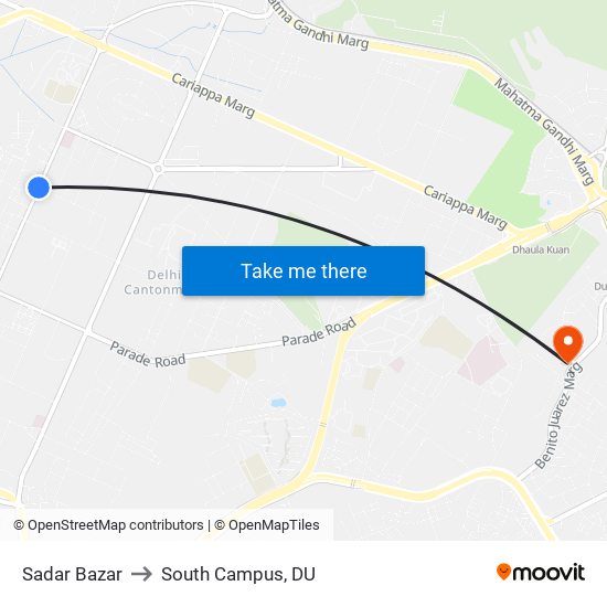 Sadar Bazar to South Campus, DU map