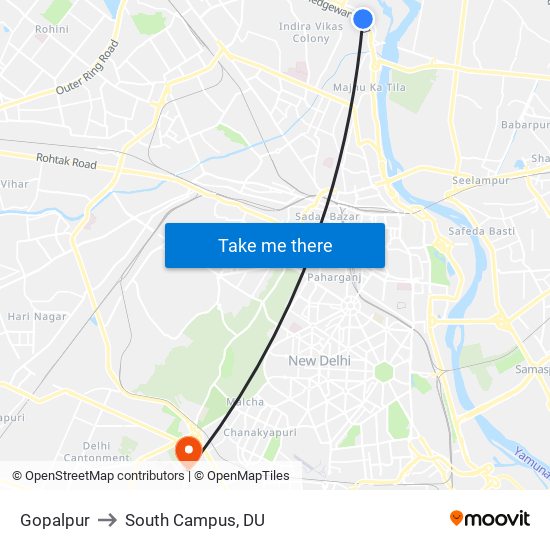 Gopalpur to South Campus, DU map