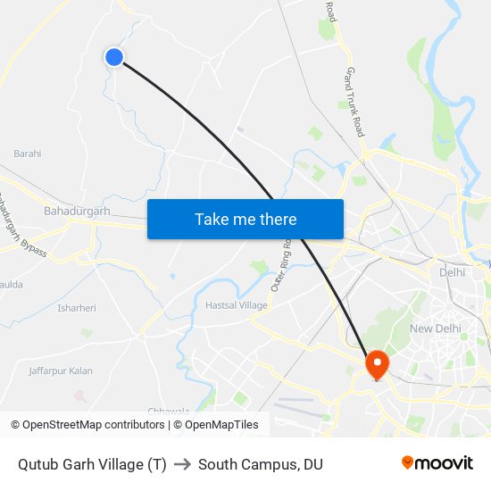 Qutub Garh Village (T) to South Campus, DU map