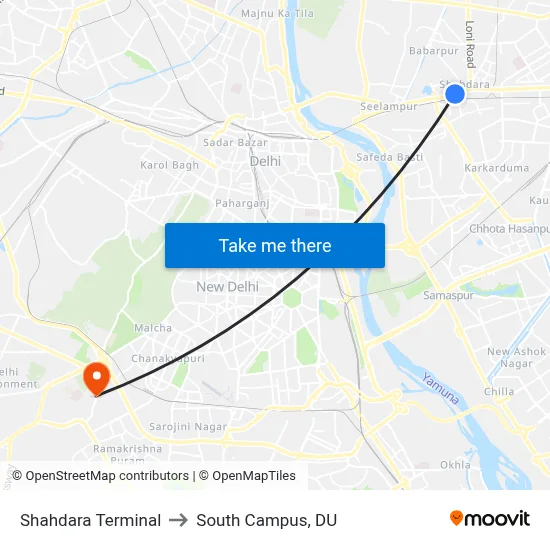 Shahdara Terminal to South Campus, DU map