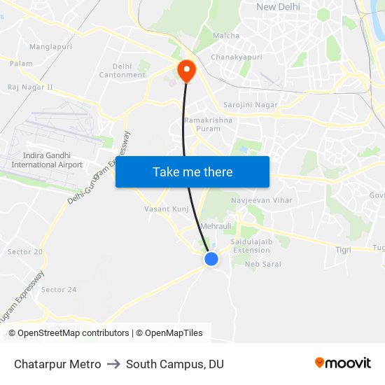 Chatarpur Metro to South Campus, DU map