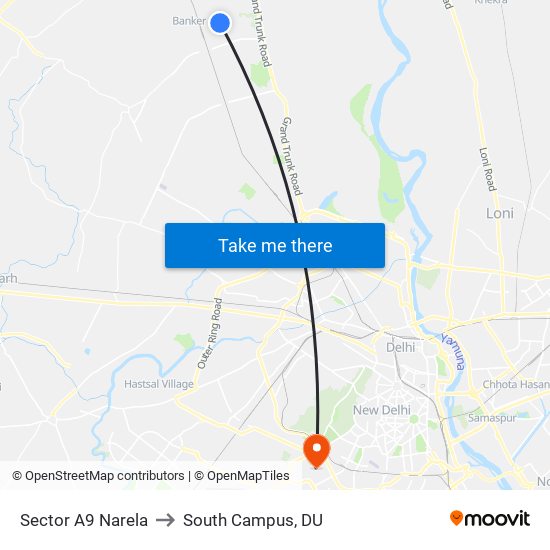 Sector A9 Narela to South Campus, DU map