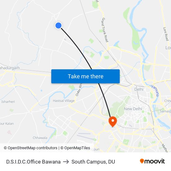 D.S.I.D.C.Office Bawana to South Campus, DU map