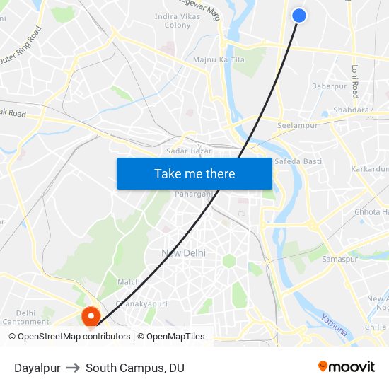 Dayalpur to South Campus, DU map