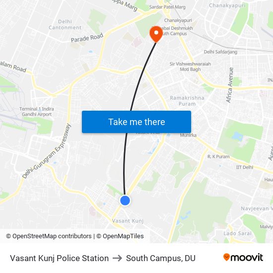 Vasant Kunj Police Station to South Campus, DU map