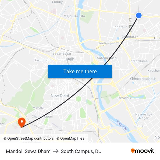 Mandoli Sewa Dham to South Campus, DU map