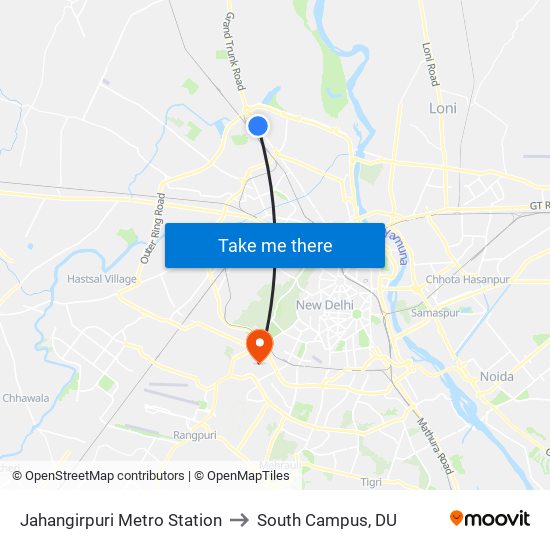 Jahangirpuri Metro Station to South Campus, DU map